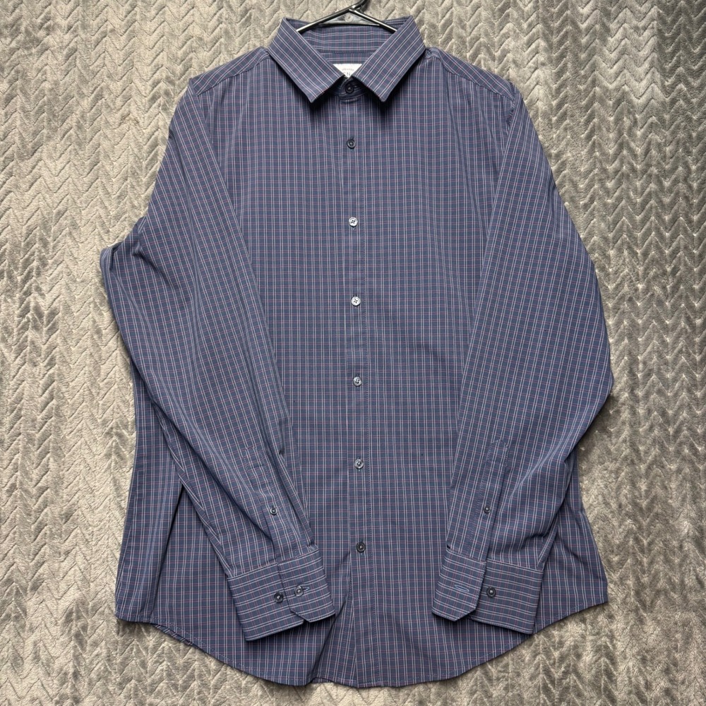 Mizzen+Main Leeward Dress Shirt XL Navy Blue Excellent Trim Fit Grid (2155)